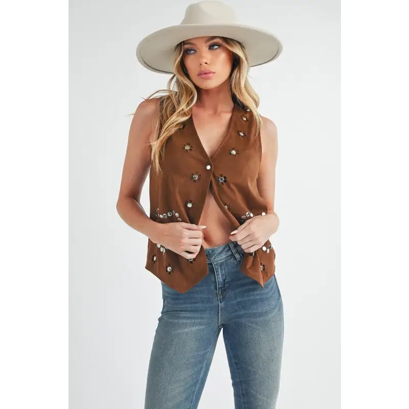 Heart Rivet Detail Suede Vest Coat.