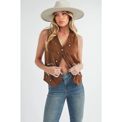 Heart Rivet Detail Suede Vest Coat.