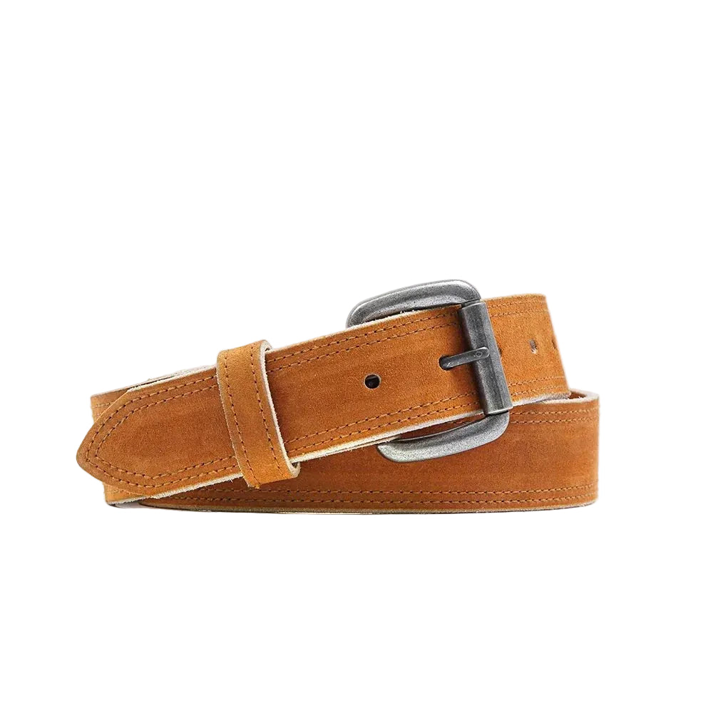 A tan leather belt with a silver metal buckle, neatly coiled on a clean white background.