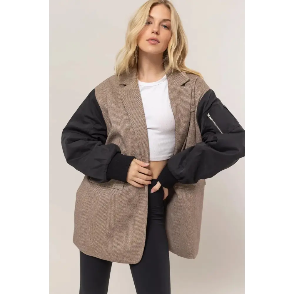 Herringbone Mixed Media Contrast Long Sleeve Blazer.