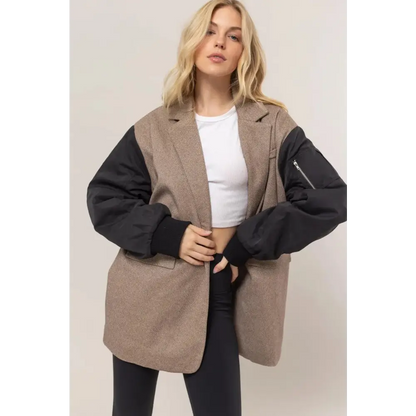 Herringbone Mixed Media Contrast Long Sleeve Blazer.