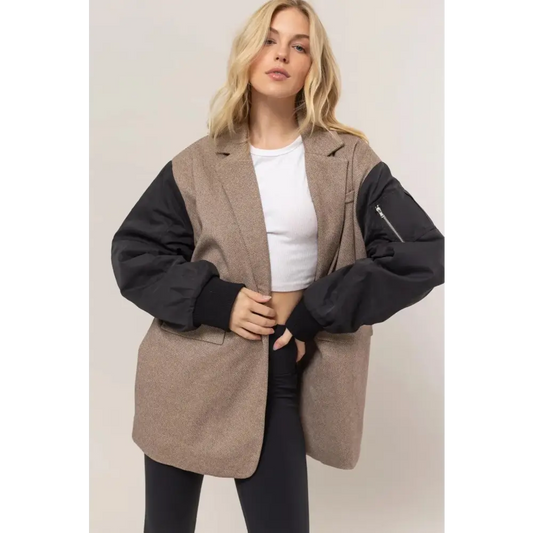Herringbone Mixed Media Contrast Long Sleeve Blazer.