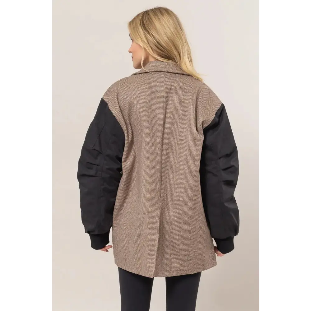Herringbone Mixed Media Contrast Long Sleeve Blazer.