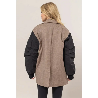 Herringbone Mixed Media Contrast Long Sleeve Blazer.