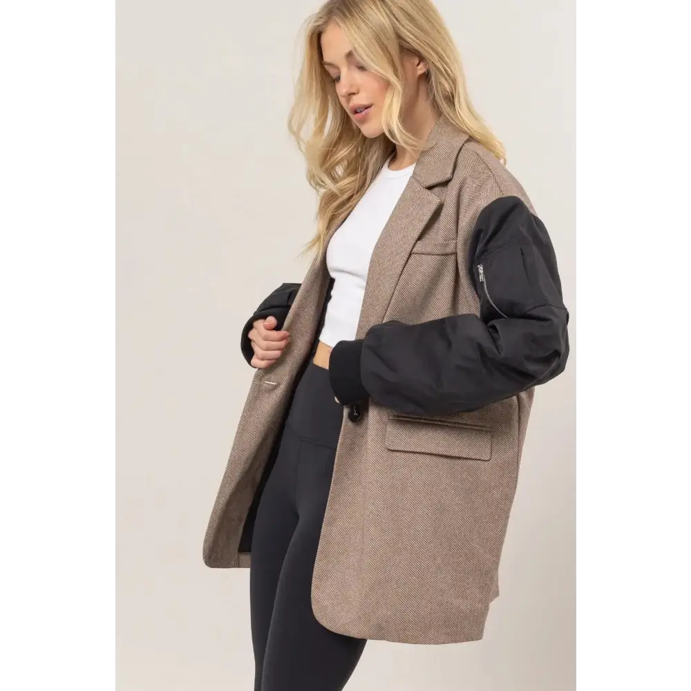 Herringbone Mixed Media Contrast Long Sleeve Blazer.