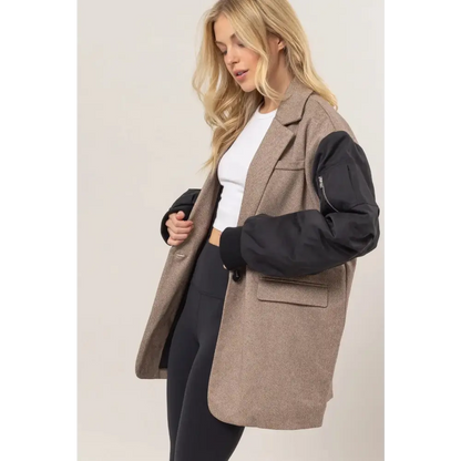 Herringbone Mixed Media Contrast Long Sleeve Blazer.