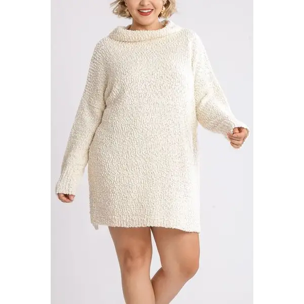 High Low Long Sleeve Boucle Sweater Dress.
