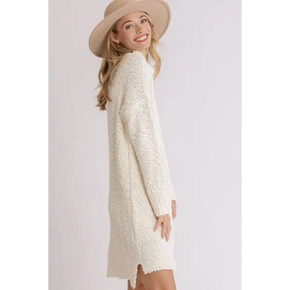 High Low Long Sleeve Boucle Sweater Dress.