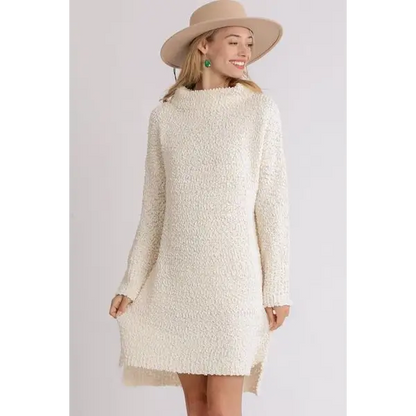 High Low Long Sleeve Boucle Sweater Dress.