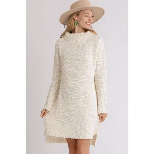 High Low Long Sleeve Boucle Sweater Dress.