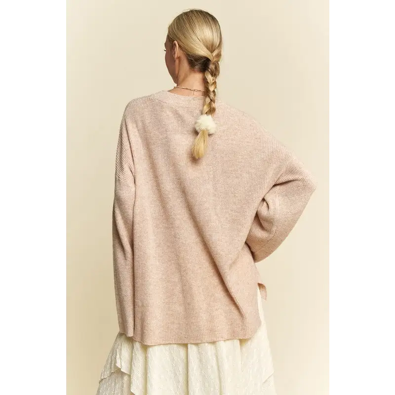 High-Low Round Neck Drop Shoulder Sweater.