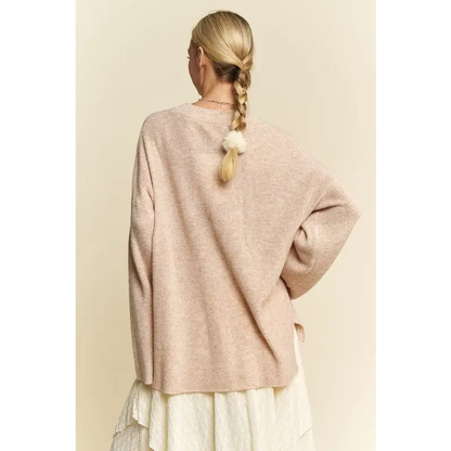 High-Low Round Neck Drop Shoulder Sweater.