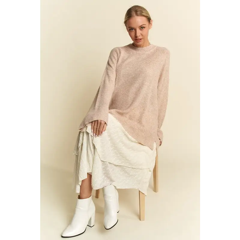 High-Low Round Neck Drop Shoulder Sweater.