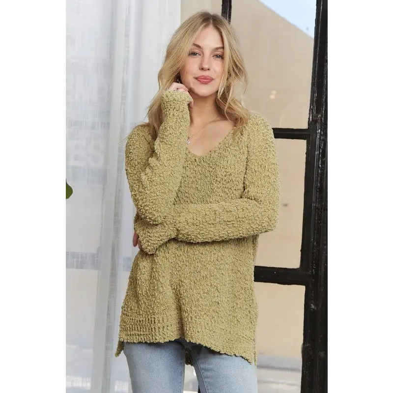 High-Low Side Slit V-Neck Sweater.