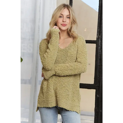 High-Low Side Slit V-Neck Sweater.