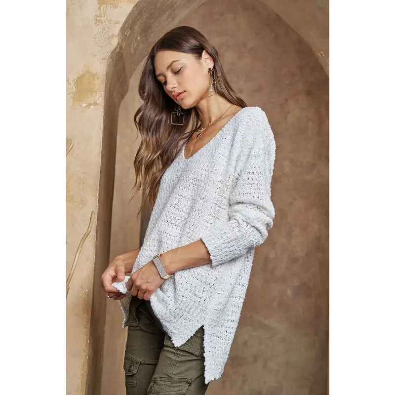 High-Low Side Slit V-Neck Sweater.