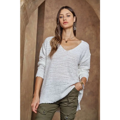 High-Low Side Slit V-Neck Sweater.