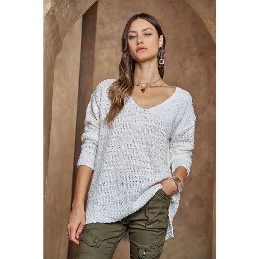 High-Low Side Slit V-Neck Sweater.
