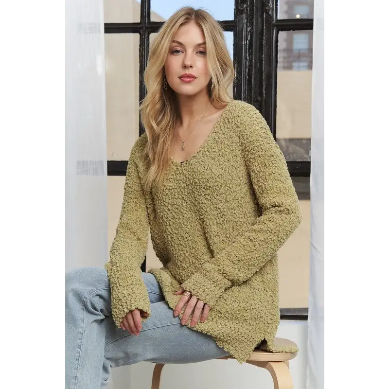 High-Low Side Slit V-Neck Sweater.
