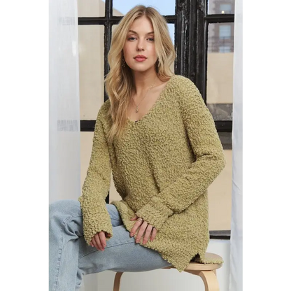 High-Low Side Slit V-Neck Sweater.