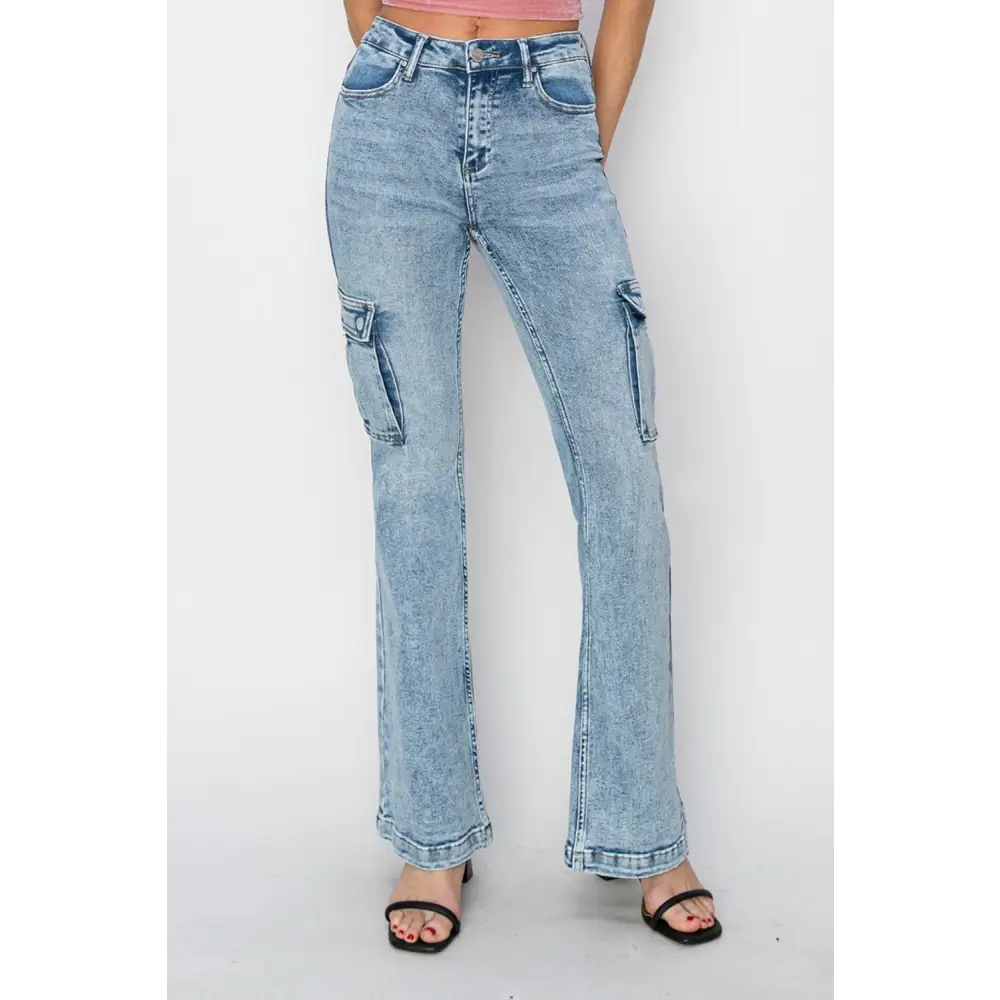 High Rise Cargo Flare Jeans.