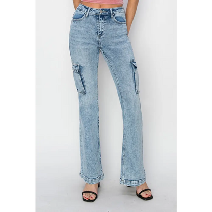 High Rise Cargo Flare Jeans.