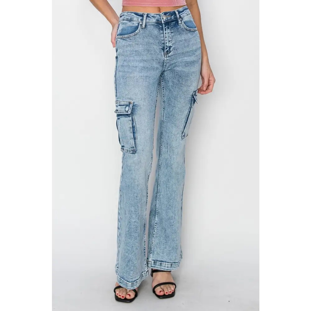 High Rise Cargo Flare Jeans.