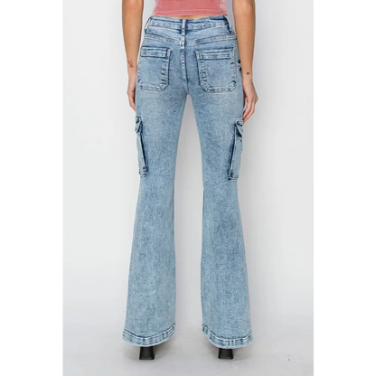 High Rise Cargo Flare Jeans.