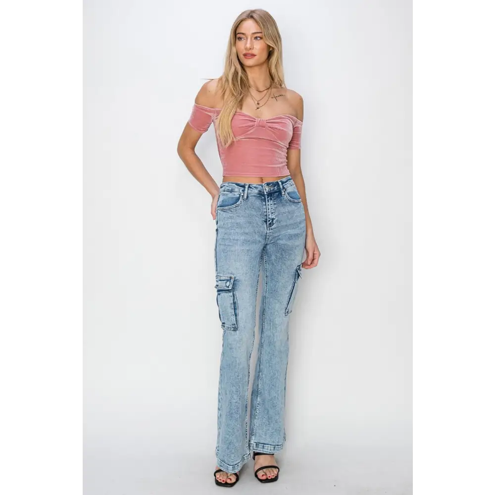 High Rise Cargo Flare Jeans.