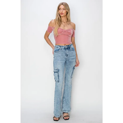 High Rise Cargo Flare Jeans.
