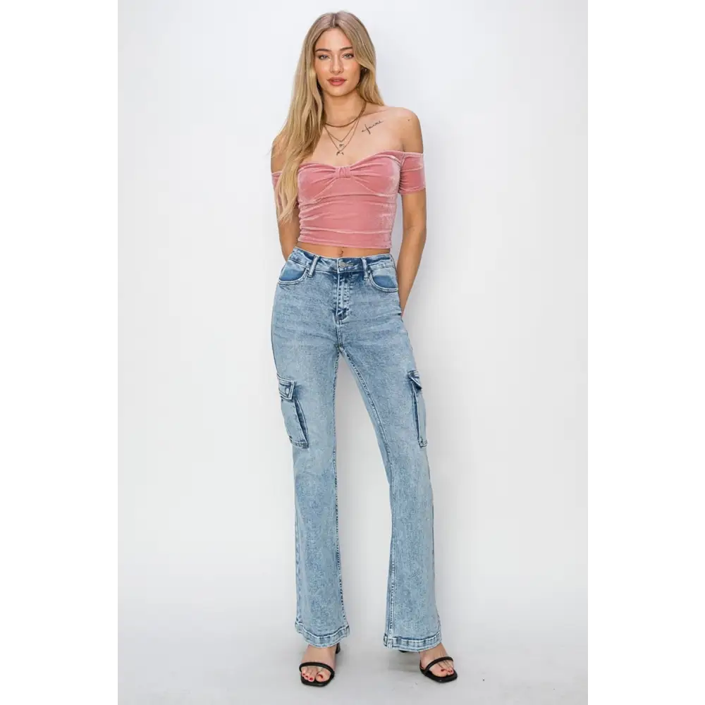 High Rise Cargo Flare Jeans.