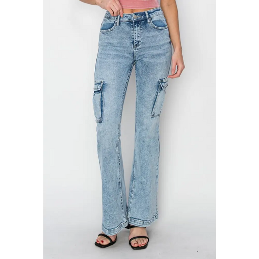 High Rise Cargo Flare Jeans.