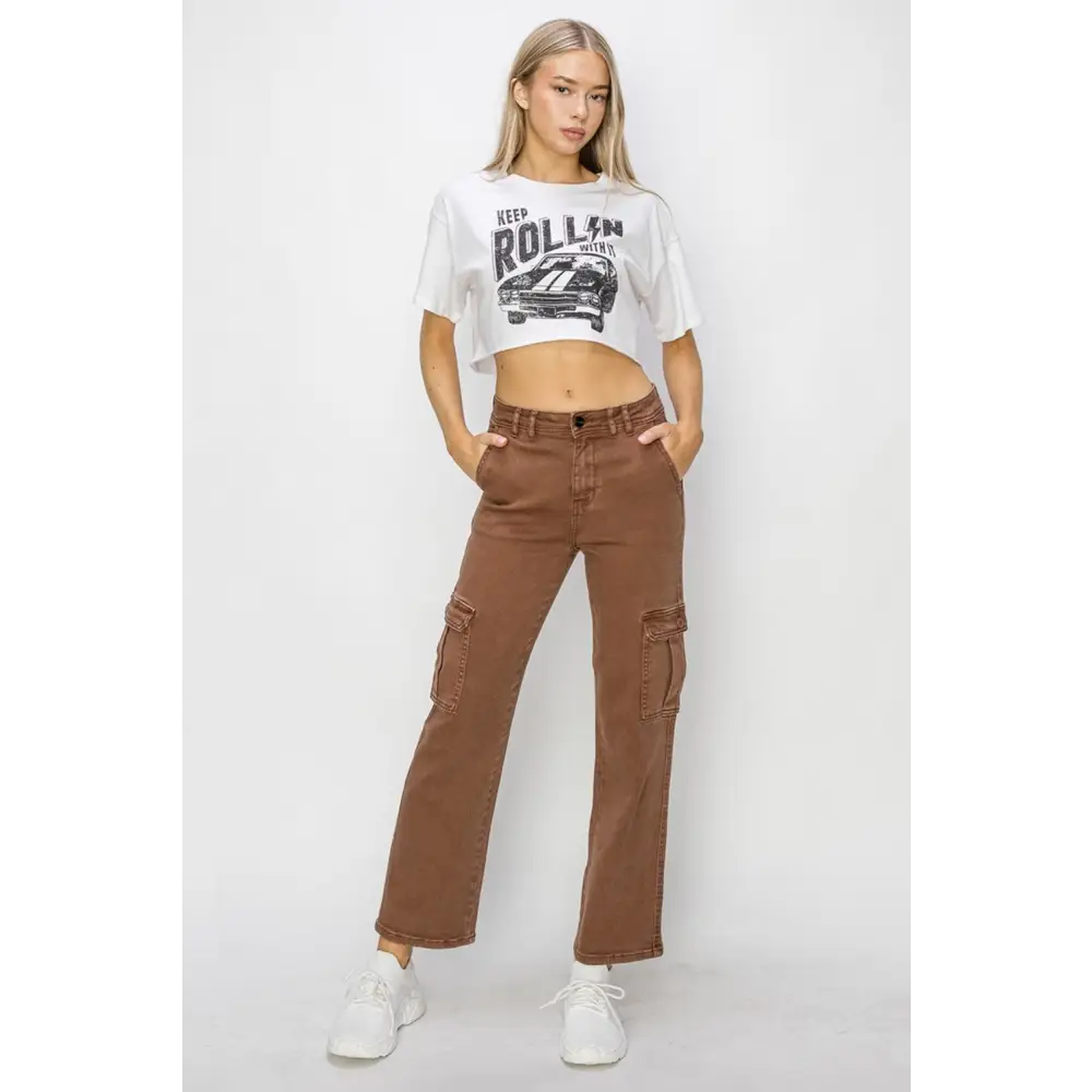 High Rise Cargo Jeans.