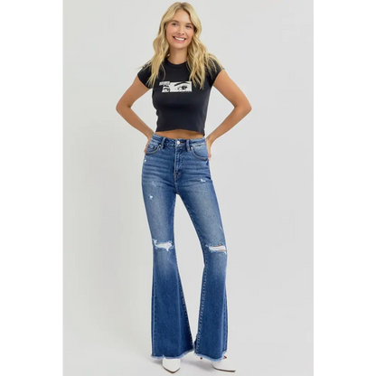 High Rise Distressed Raw Hem Flare Jeans.