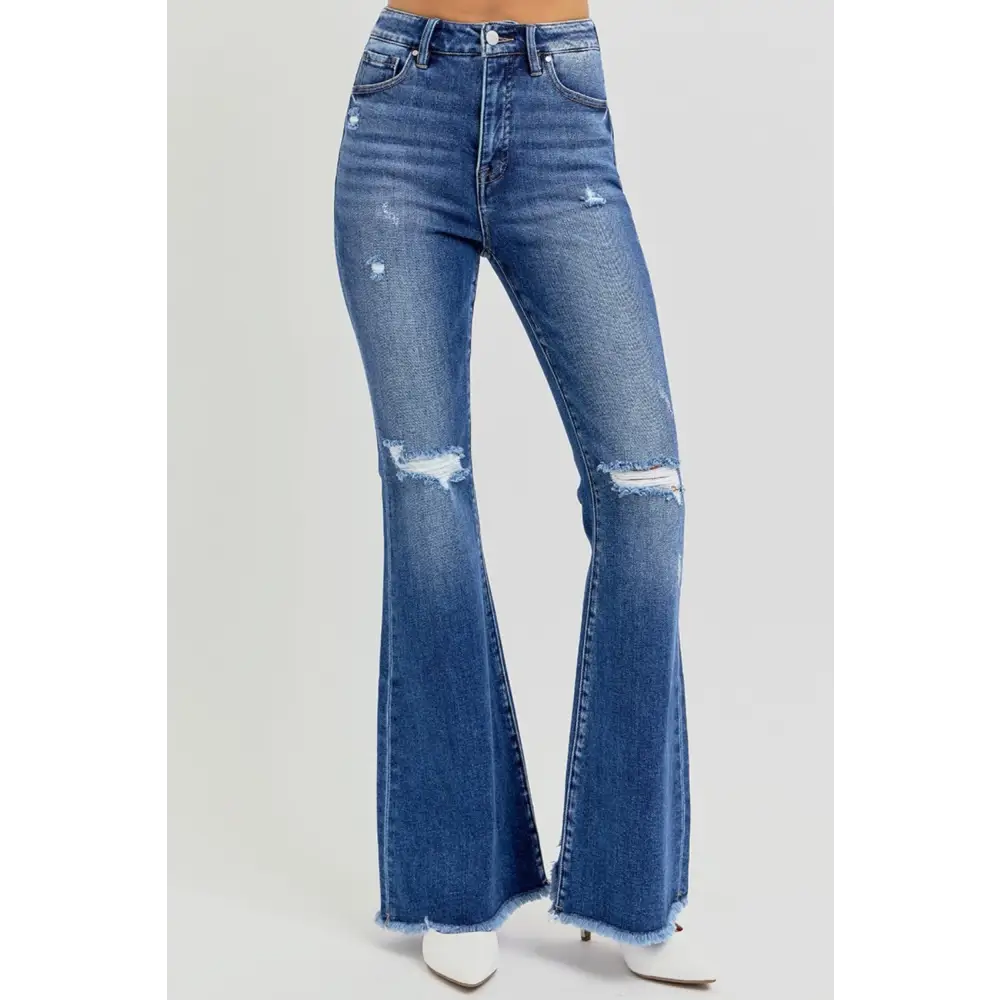 High Rise Distressed Raw Hem Flare Jeans.