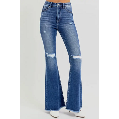 High Rise Distressed Raw Hem Flare Jeans.