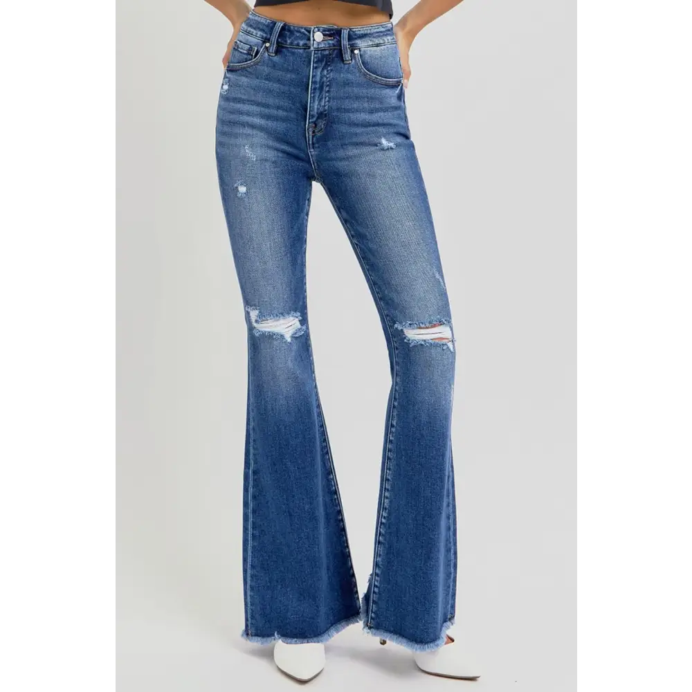 High Rise Distressed Raw Hem Flare Jeans.