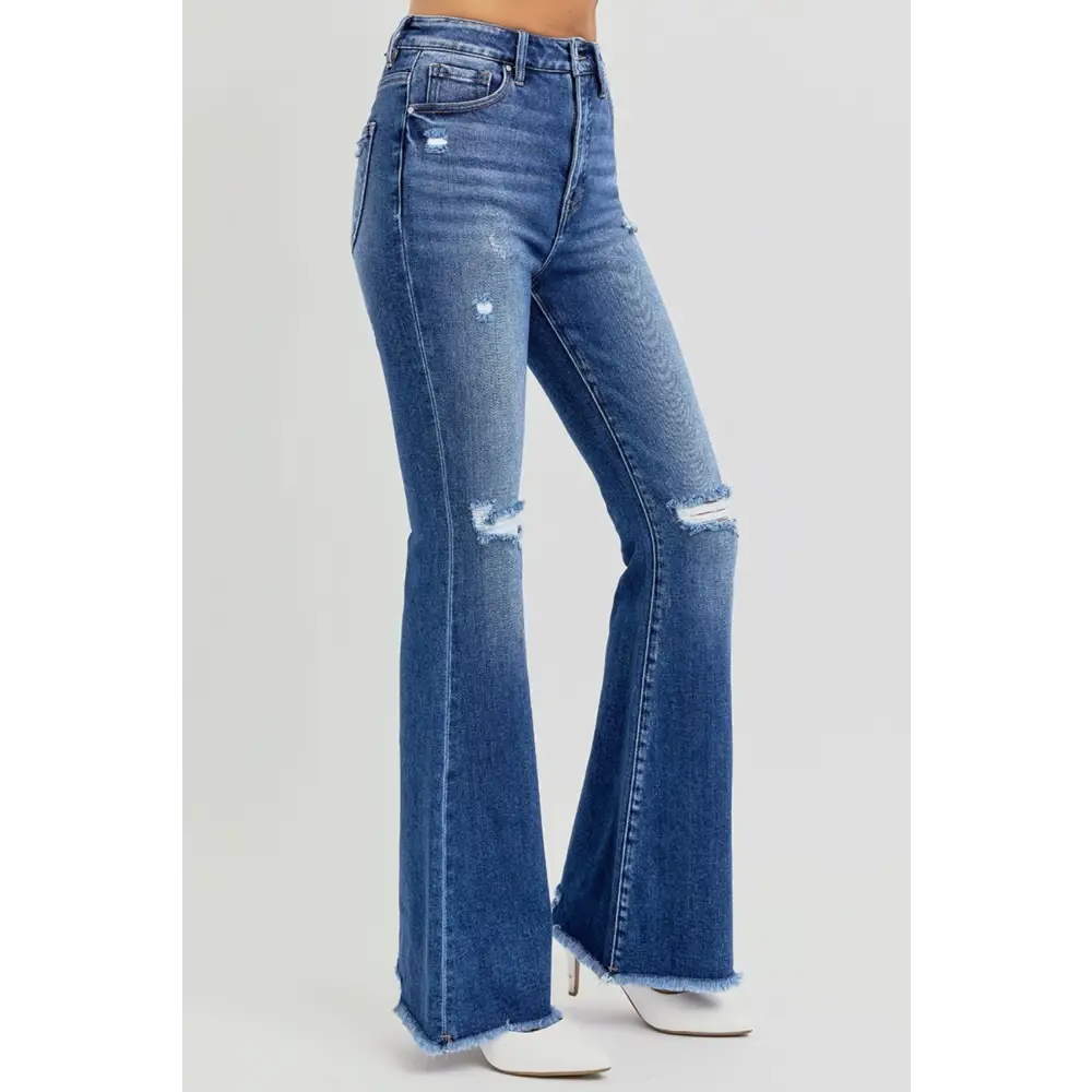 High Rise Distressed Raw Hem Flare Jeans.