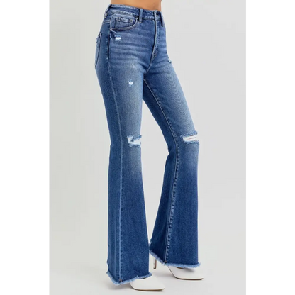 High Rise Distressed Raw Hem Flare Jeans.
