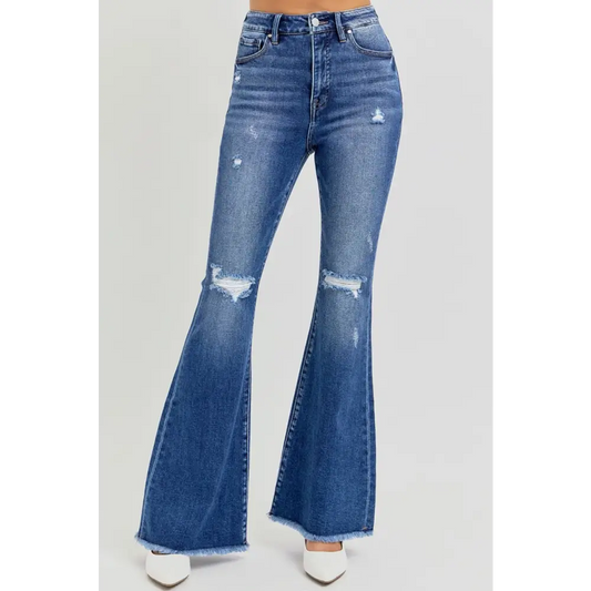 High Rise Distressed Raw Hem Flare Jeans.