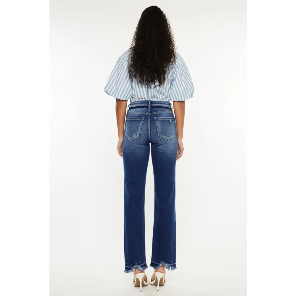 High Rise Distressed Slim Straight Jeans.