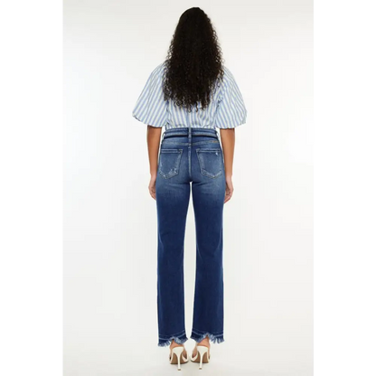 High Rise Distressed Slim Straight Jeans.