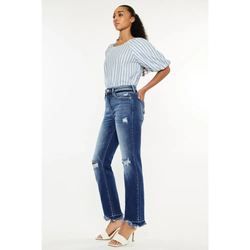 High Rise Distressed Slim Straight Jeans.