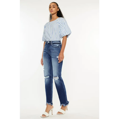 High Rise Distressed Slim Straight Jeans.