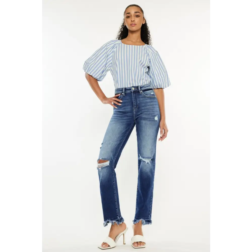 High Rise Distressed Slim Straight Jeans.