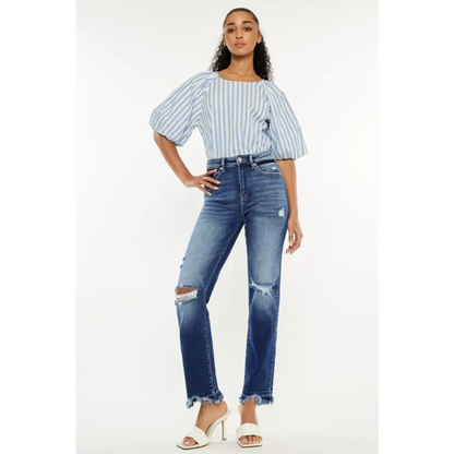 High Rise Distressed Slim Straight Jeans.