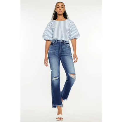 High Rise Distressed Slim Straight Jeans.