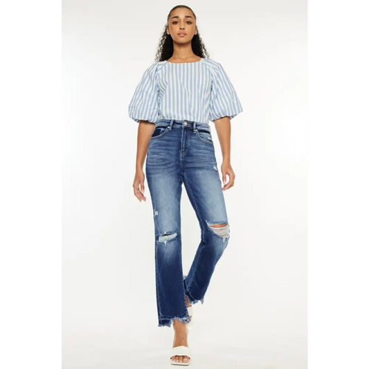 High Rise Distressed Slim Straight Jeans.