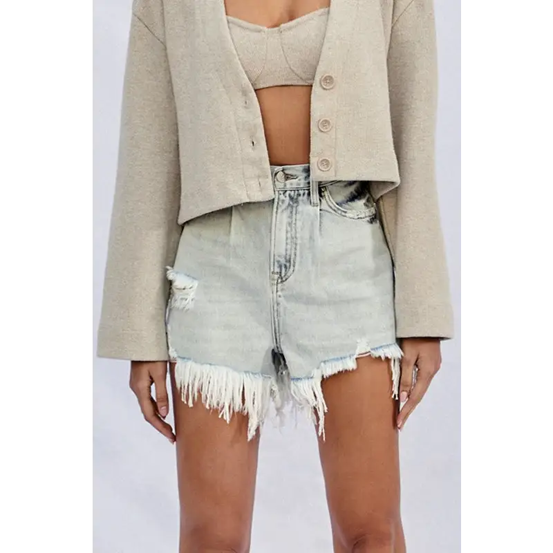 High Rise Frayed Denim Shorts.