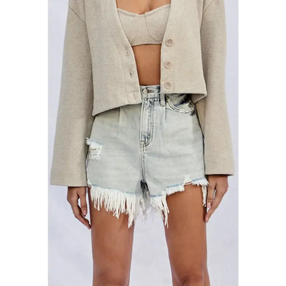 High Rise Frayed Denim Shorts.